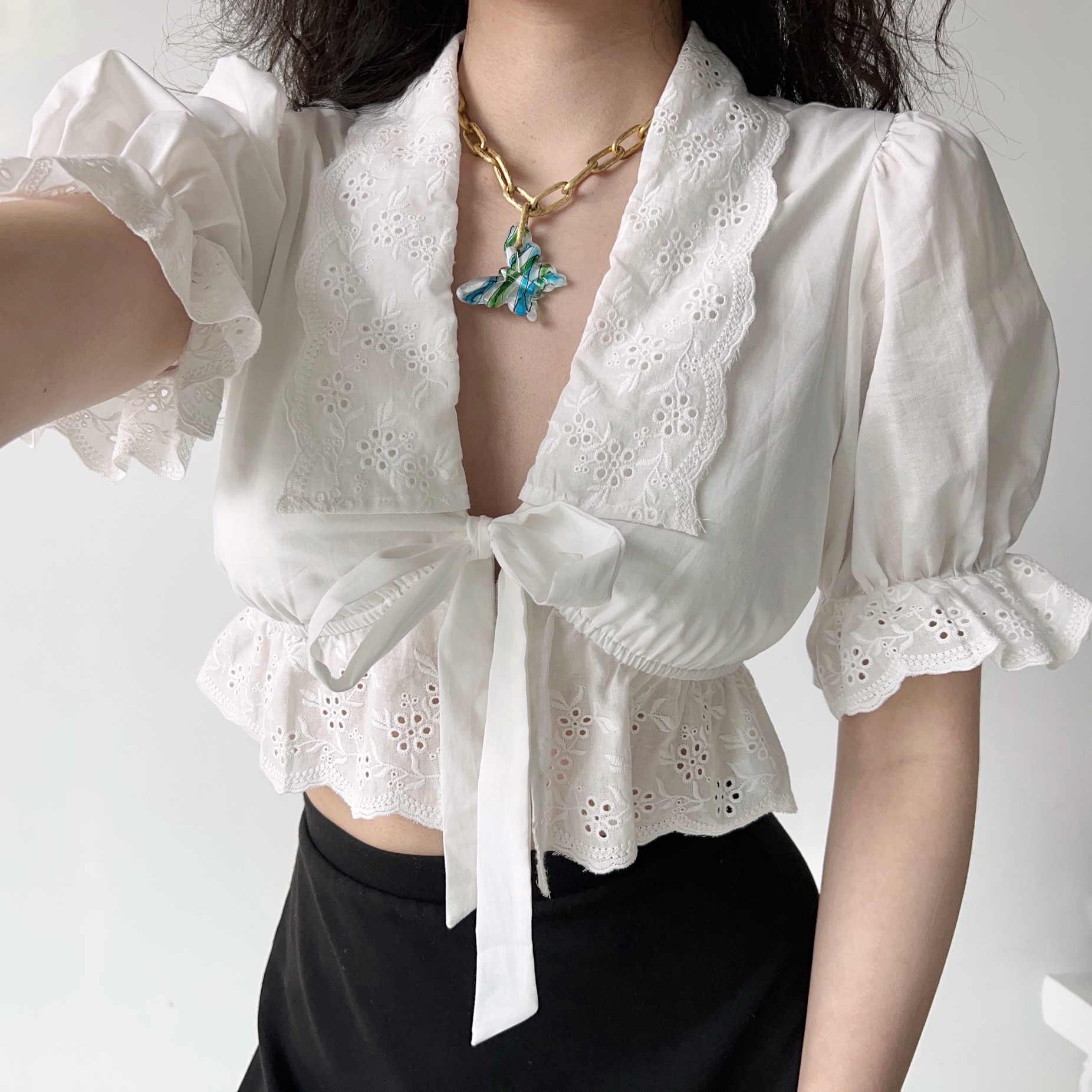 French Court Style Puff Sleeve Embroidered Tie White Shirt - Women's Short Top for Y2K and 90s Inspired Fashion French Court Style Puff Sleeve Embroidered Tie White Shirt - Women's Short Top for Y2K and 90s Inspired Fashion