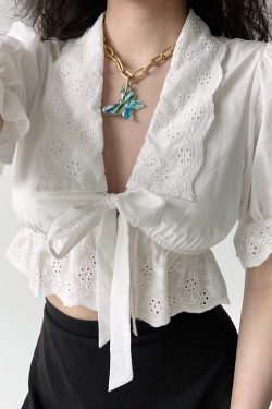 French Court Style Puff Sleeve Embroidered Tie White Shirt - Women's Short Top in Y2K Aesthetic