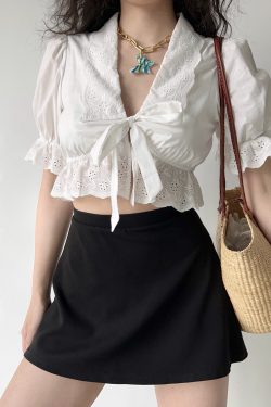 French Court Style Puff Sleeve Embroidered Tie White Shirt - Women's Short Top in Y2K Aesthetic