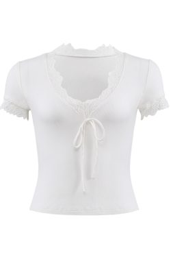 French Lace V-Neck Short Sleeve T-shirt for Women - White Slim Fit Sexy Tie-Up Top, Y2K Style Fashion