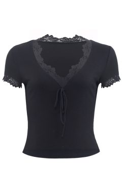 French Lace V-Neck Short Sleeve T-shirt for Women - White Slim Fit Sexy Tie-Up Top, Y2K Style Fashion