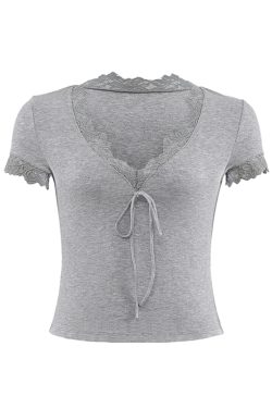 French Lace V-Neck Short Sleeve T-shirt for Women - White Slim Fit Sexy Tie-Up Top, Y2K Style Fashion