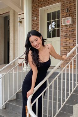 French Pink Spaghetti Strap Dress for Women - Bodycon Slim Fit with Split Skirt - Chic Y2K Style Outfit