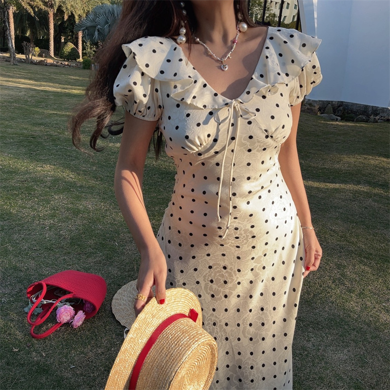 French Polka Dot Ruffled Puff Sleeve Waist-Defined Maxi Dress for Women - 2025 Spring/Summer Vacation Style French Polka Dot Ruffled Puff Sleeve Waist-Defined Maxi Dress for Women - 2025 Spring/Summer Vacation Style