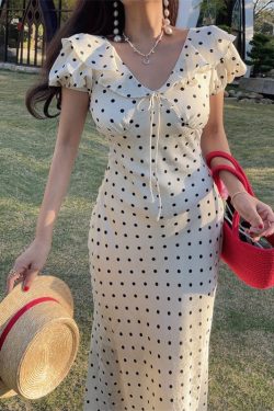 French Polka Dot Ruffled Puff Sleeve Waist-Defined Maxi Dress for Women - 2025 Spring/Summer Vacation Style