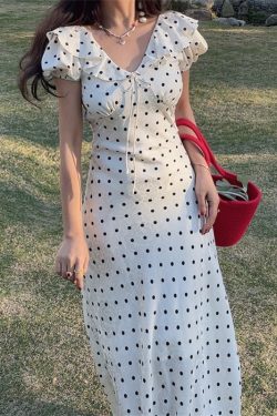 French Polka Dot Ruffled Puff Sleeve Waist-Defined Maxi Dress for Women - 2025 Spring/Summer Vacation Style