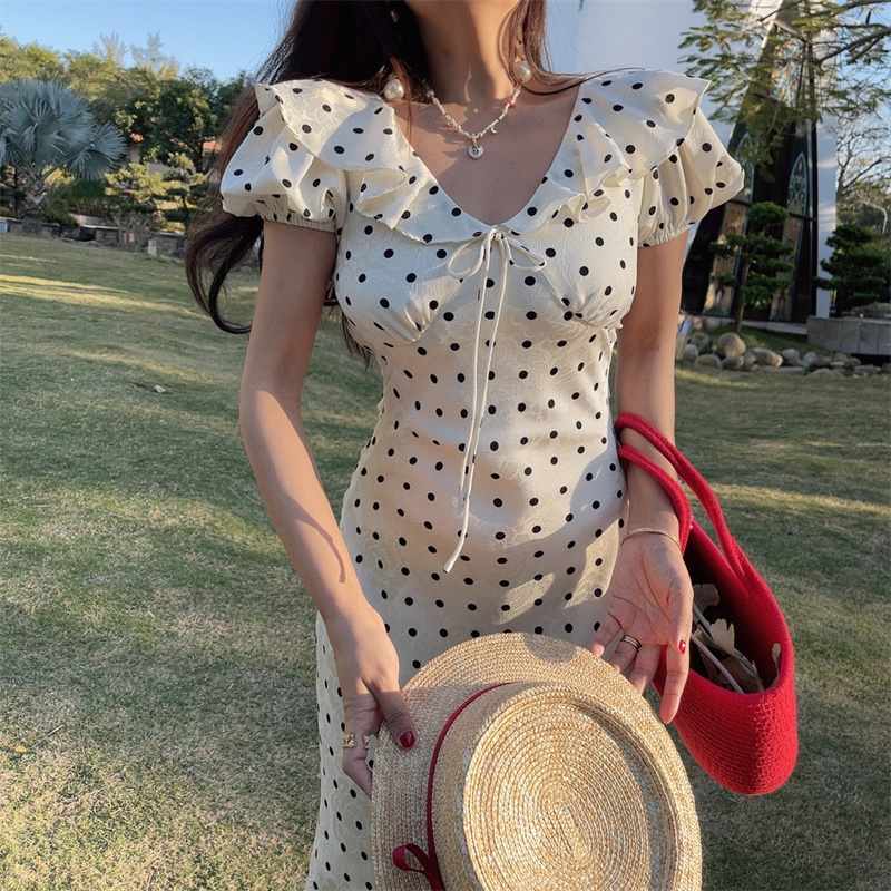 French Polka Dot Ruffled Puff Sleeve Waist-Defined Maxi Dress for Women - 2025 Spring/Summer Vacation Style French Polka Dot Ruffled Puff Sleeve Waist-Defined Maxi Dress for Women - 2025 Spring/Summer Vacation Style