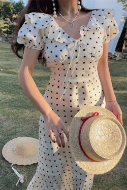 French Polka Dot Ruffled Puff Sleeve Waist-Defined Maxi Dress for Women - 2025 Spring/Summer Vacation Style