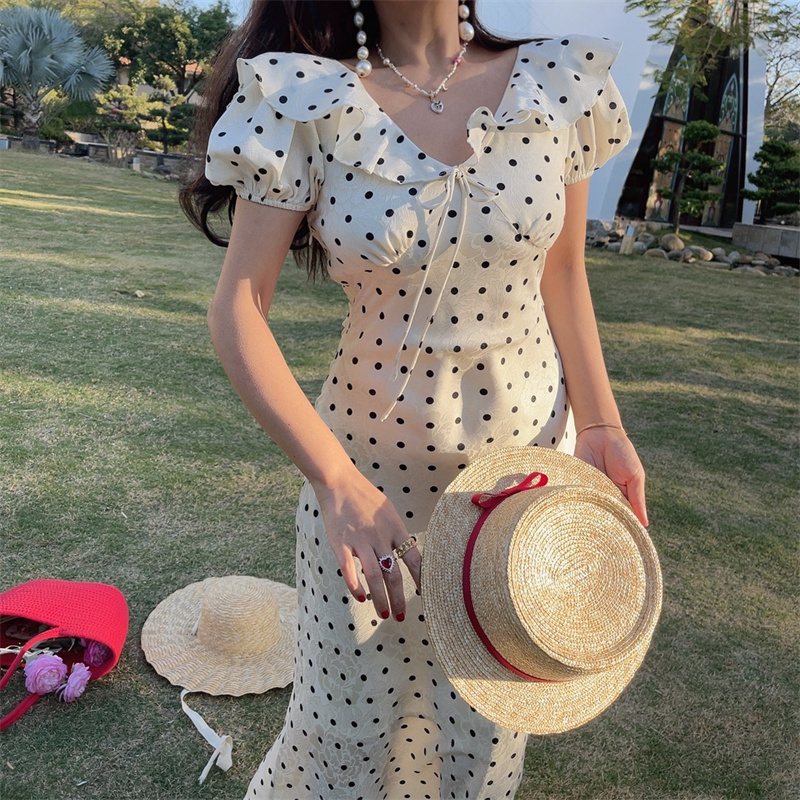 French Polka Dot Ruffled Puff Sleeve Waist-Defined Maxi Dress for Women - 2025 Spring/Summer Vacation Style French Polka Dot Ruffled Puff Sleeve Waist-Defined Maxi Dress for Women - 2025 Spring/Summer Vacation Style