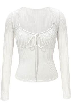 French Pure Desire Drawstring Long Sleeve Knit T-Shirt Dress - Trendy Casual Style for Effortless Y2K Fashion