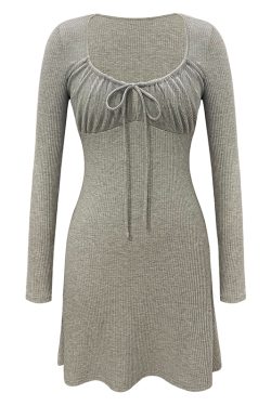 French Pure Desire Drawstring Long Sleeve Knit T-Shirt Dress - Trendy Casual Style for Effortless Y2K Fashion