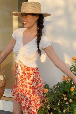 French Red Floral High-Waisted A-Line Skirt Pants with Built-In Safety Shorts – Trendy Y2K Style for Effortless Chic Looks