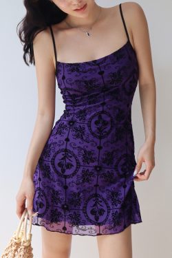 French Retro Girl Purple Printed Elastic Mesh Camisole Mini Dress - Sexy Vacation Style