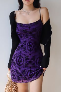 French Retro Girl Purple Printed Elastic Mesh Camisole Mini Dress - Sexy Vacation Style