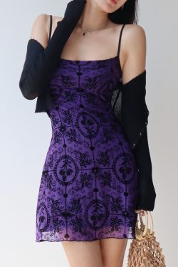 French Retro Girl Purple Printed Elastic Mesh Camisole Mini Dress - Sexy Vacation Style