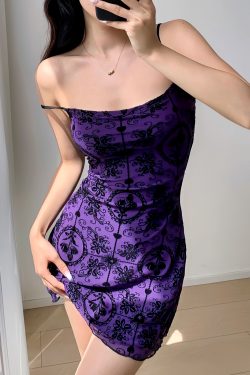 French Retro Girl Purple Printed Elastic Mesh Camisole Mini Dress - Sexy Vacation Style
