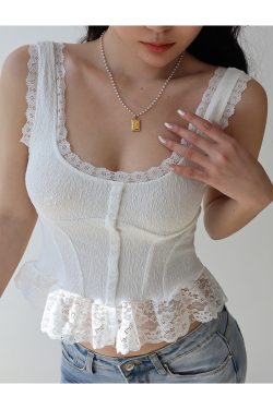French Retro Lace Trim Waist-Defining Camisole Top for Women - Versatile Vacation Essential in Pure Desire Style