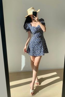 French Retro Navy Printed Short Dress with Square Neck and Puff Sleeves - Slimming Fit for Women, Perfect for 90s and Y2K Style