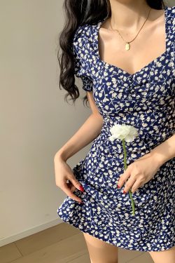 French Retro Navy Printed Short Dress with Square Neck and Puff Sleeves - Slimming Fit for Women, Perfect for 90s and Y2K Style