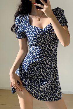 French Retro Navy Printed Short Dress with Square Neck and Puff Sleeves - Slimming Fit for Women, Perfect for 90s and Y2K Style