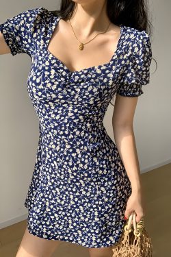 French Retro Navy Printed Short Dress with Square Neck and Puff Sleeves - Slimming Fit for Women, Perfect for 90s and Y2K Style