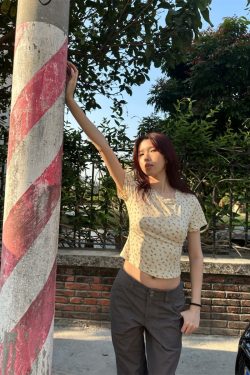 French Romantic Floral Slim Fit Short T-Shirt for Women - Spring 2025 Fashion in Vintage Style