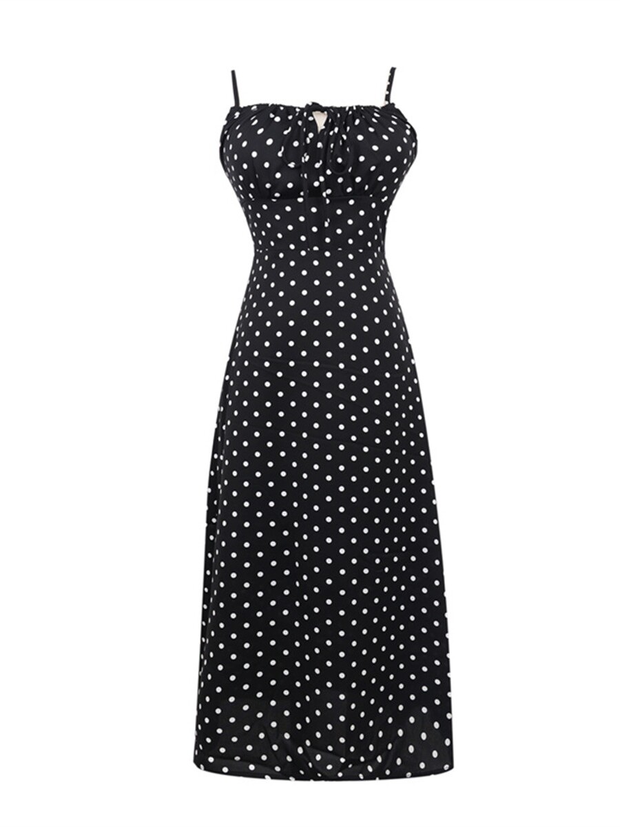 French Romantic Square Neck Polka Dot Waist-Cinching Camisole Long Dress - Slimming Drape for 2025 Spring/Summer Vacation Style French Romantic Square Neck Polka Dot Waist-Cinching Camisole Long Dress - Slimming Drape for 2025 Spring/Summer Vacation Style