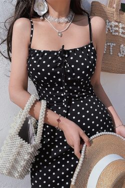 French Romantic Square Neck Polka Dot Waist-Cinching Camisole Long Dress - Slimming Drape for 2025 Spring/Summer Vacation Style