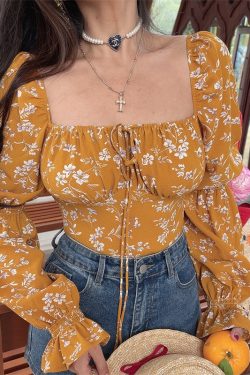 French Square Neck Lantern Sleeve Floral Blouse with Drawstring Waist - 2025 Spring/Summer Vacation Style Top