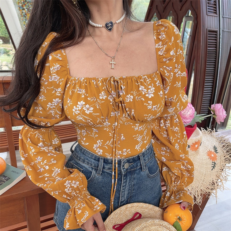 French Square Neck Lantern Sleeve Floral Blouse with Drawstring Waist - 2025 Spring/Summer Vacation Style Top French Square Neck Lantern Sleeve Floral Blouse with Drawstring Waist - 2025 Spring/Summer Vacation Style Top