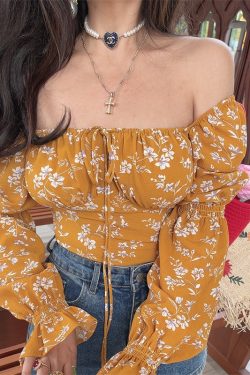 French Square Neck Lantern Sleeve Floral Blouse with Drawstring Waist - 2025 Spring/Summer Vacation Style Top