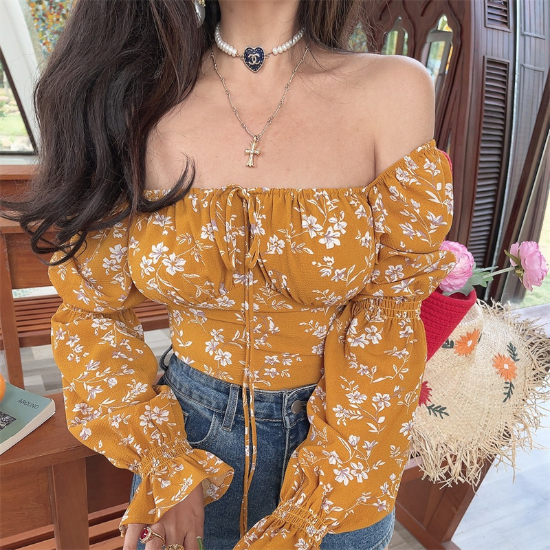 French Square Neck Lantern Sleeve Floral Blouse with Drawstring Waist - 2025 Spring/Summer Vacation Style Top French Square Neck Lantern Sleeve Floral Blouse with Drawstring Waist - 2025 Spring/Summer Vacation Style Top