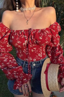 French Square Neck Lantern Sleeve Floral Blouse with Drawstring Waist - 2025 Spring/Summer Vacation Style Top