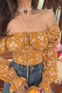 French Square Neck Lantern Sleeve Floral Blouse with Drawstring Waist - 2025 Spring/Summer Vacation Style Top