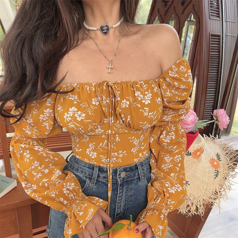 French Square Neck Lantern Sleeve Floral Blouse with Drawstring Waist - 2025 Spring/Summer Vacation Style Top French Square Neck Lantern Sleeve Floral Blouse with Drawstring Waist - 2025 Spring/Summer Vacation Style Top