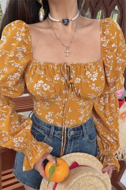French Square Neck Lantern Sleeve Floral Blouse with Drawstring Waist - 2025 Spring/Summer Vacation Style Top