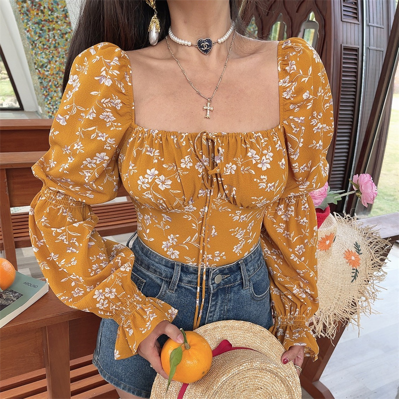 French Square Neck Lantern Sleeve Floral Blouse with Drawstring Waist - 2025 Spring/Summer Vacation Style Top French Square Neck Lantern Sleeve Floral Blouse with Drawstring Waist - 2025 Spring/Summer Vacation Style Top