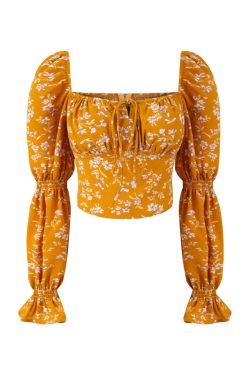 French Square Neck Lantern Sleeve Floral Blouse with Drawstring Waist - 2025 Spring/Summer Vacation Style Top