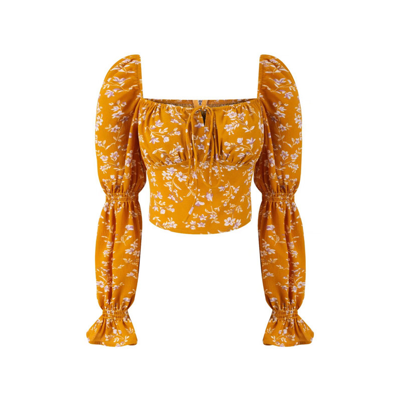 French Square Neck Lantern Sleeve Floral Blouse with Drawstring Waist - 2025 Spring/Summer Vacation Style Top French Square Neck Lantern Sleeve Floral Blouse with Drawstring Waist - 2025 Spring/Summer Vacation Style Top