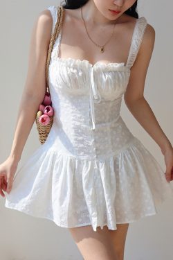 French Square Neck White Hollow Embroidery Dress with Wide Shoulder Straps and Drawstring - Short Vacation Dress for Summer Style