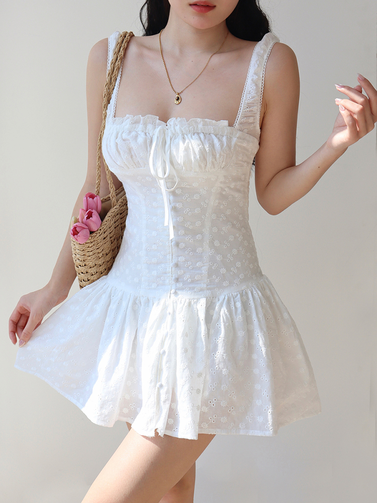 French Square Neck White Hollow Embroidery Dress with Wide Shoulder Straps and Drawstring - Short Vacation Dress for Summer Style French Square Neck White Hollow Embroidery Dress with Wide Shoulder Straps and Drawstring - Short Vacation Dress for Summer Style