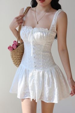 French Square Neck White Hollow Embroidery Dress with Wide Shoulder Straps and Drawstring - Short Vacation Dress for Summer Style