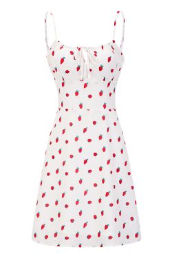 French Strawberry Print Front Tie Double Layer A-Line Camisole Dress – Sexy DIY Summer Fashion for a Chic Look