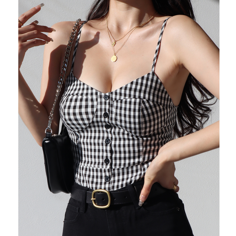 French Style Black and White Check V-Neck Ruffled Strap Tank Top for Women, Vintage Slim Fit Back Tie Blouse, Y2K Fashion French Style Black and White Check V-Neck Ruffled Strap Tank Top for Women, Vintage Slim Fit Back Tie Blouse, Y2K Fashion