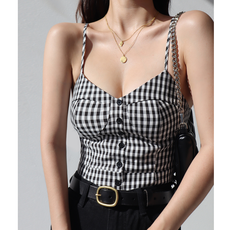 French Style Black and White Check V-Neck Ruffled Strap Tank Top for Women, Vintage Slim Fit Back Tie Blouse, Y2K Fashion French Style Black and White Check V-Neck Ruffled Strap Tank Top for Women, Vintage Slim Fit Back Tie Blouse, Y2K Fashion