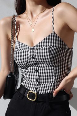 French Style Black and White Check V-Neck Ruffled Strap Tank Top for Women, Vintage Slim Fit Back Tie Blouse, Y2K Fashion