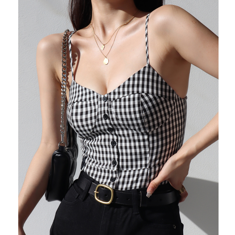 French Style Black and White Check V-Neck Ruffled Strap Tank Top for Women, Vintage Slim Fit Back Tie Blouse, Y2K Fashion French Style Black and White Check V-Neck Ruffled Strap Tank Top for Women, Vintage Slim Fit Back Tie Blouse, Y2K Fashion