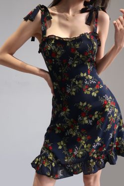 French-Style Black Floral Spaghetti Strap Dress with Vintage Lace-Up, High-Waisted A-Line Design for Women – Chic Summer Fashion