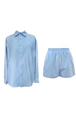 French Style Blue Cotton Shirt Set for Women - Loose Sun Protection Cardigan & A-Line High-Waisted Shorts, Perfect for Summer Outings