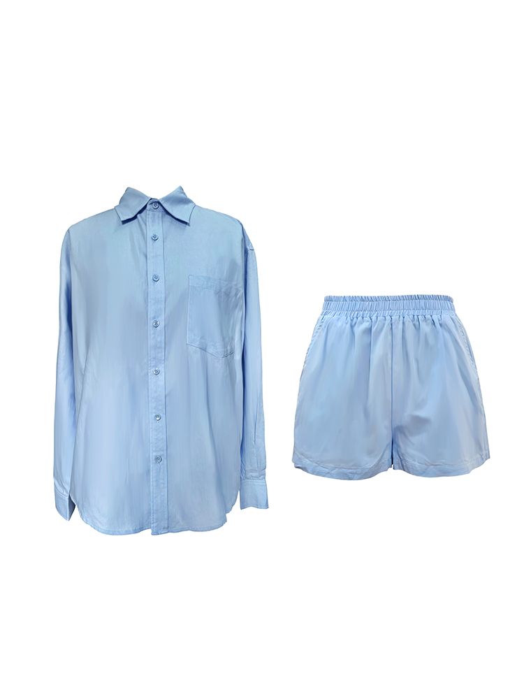 French Style Blue Cotton Shirt Set for Women - Loose Sun Protection Cardigan & A-Line High-Waisted Shorts, Perfect for Summer Outings French Style Blue Cotton Shirt Set for Women - Loose Sun Protection Cardigan & A-Line High-Waisted Shorts, Perfect for Summer Outings